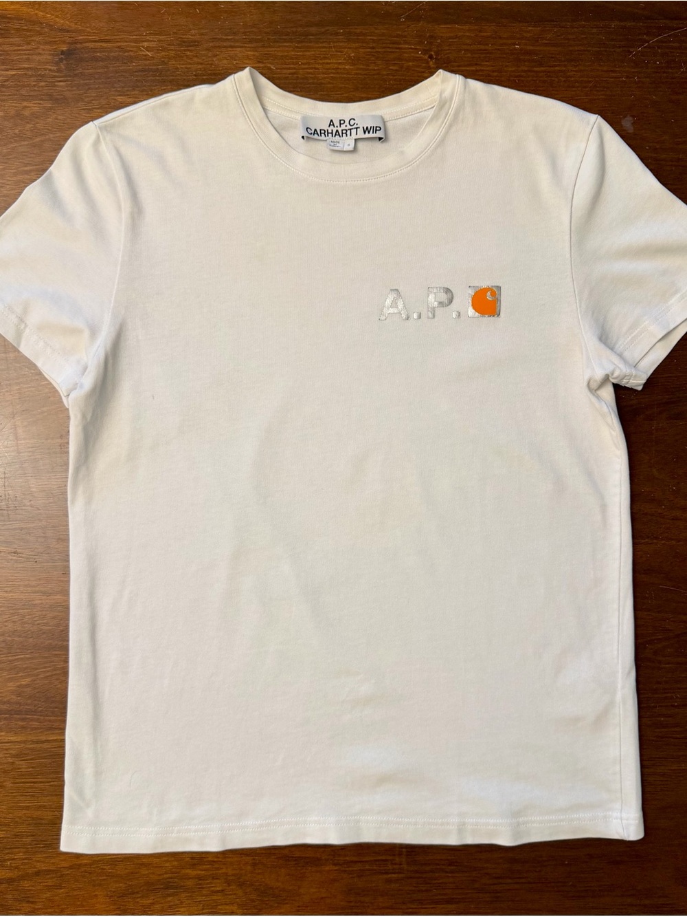 A.P.C. Carhartt Wip White Short Sleeve Logo Tee with Orange Accent